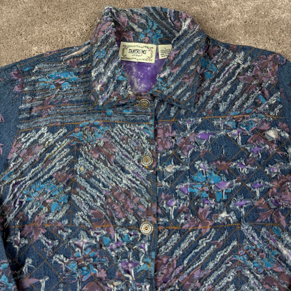 Vintage Tantrums Size L Blue Purple Floral Patchwork Jacket 90s Boho Artsy - Picture 2 of 4